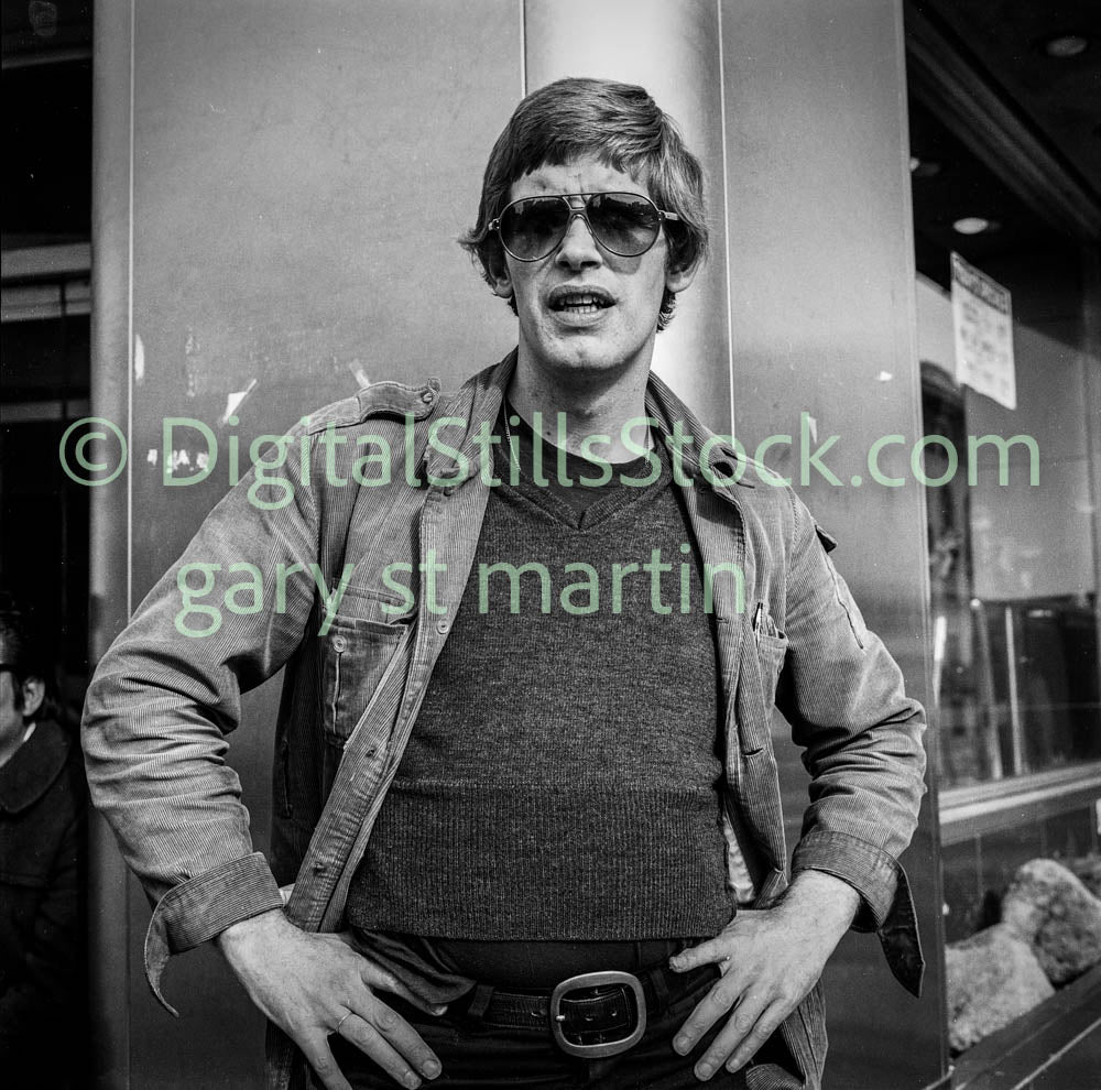Man in Shades with Hands on Waist, Analog, Polk St., B & W