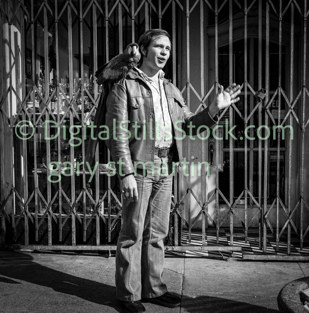 Man Posing with Parrot on Shoulder, Analog, Polk St., B & W