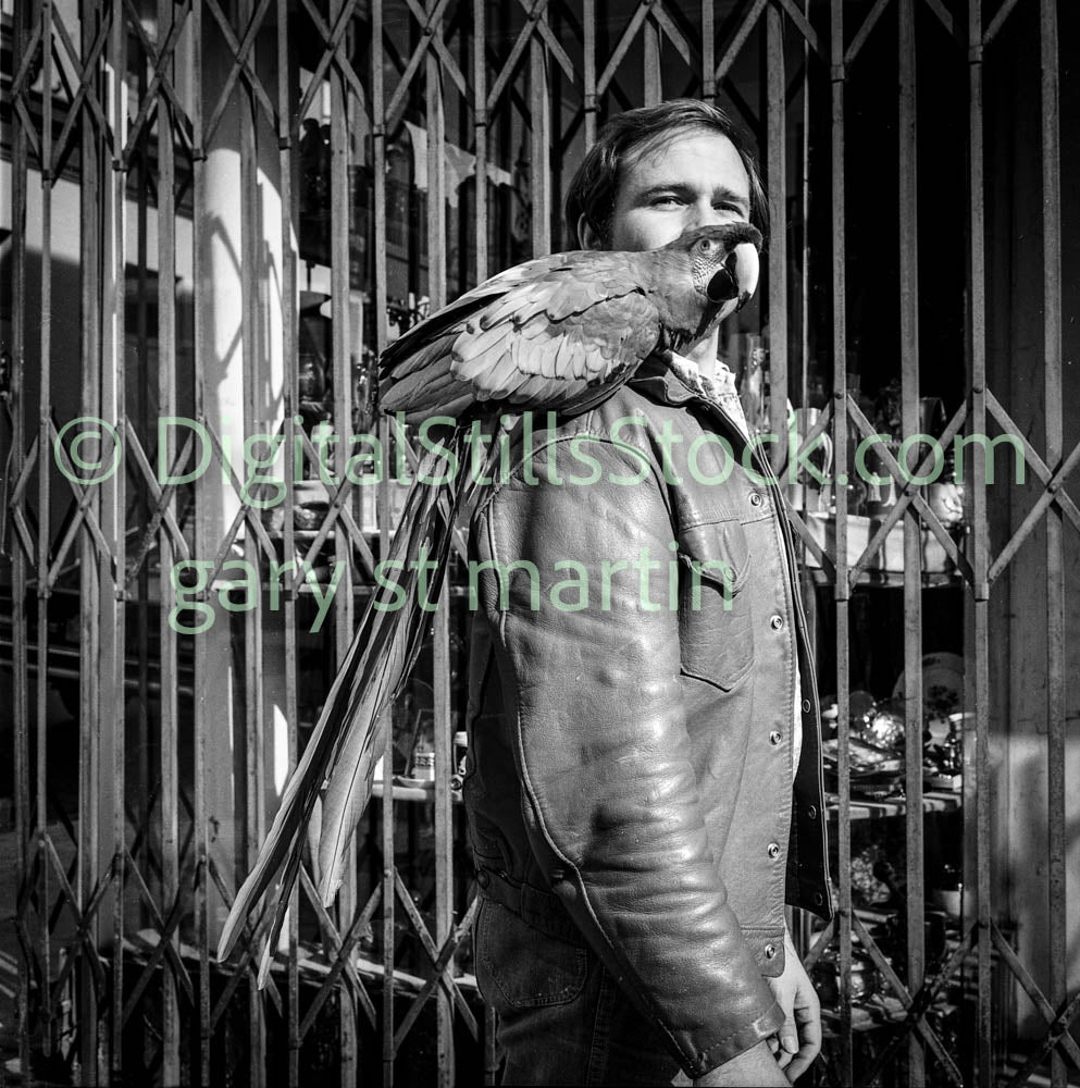 Man with Parrot on Shoulder Close Up, Analog, B & W, Polk St.