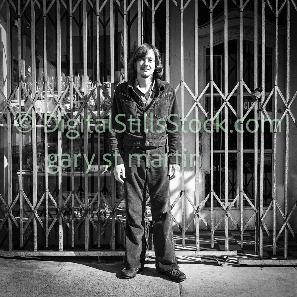 Man in Full Jean Outfit Posing, Analog, Polk St, B & W