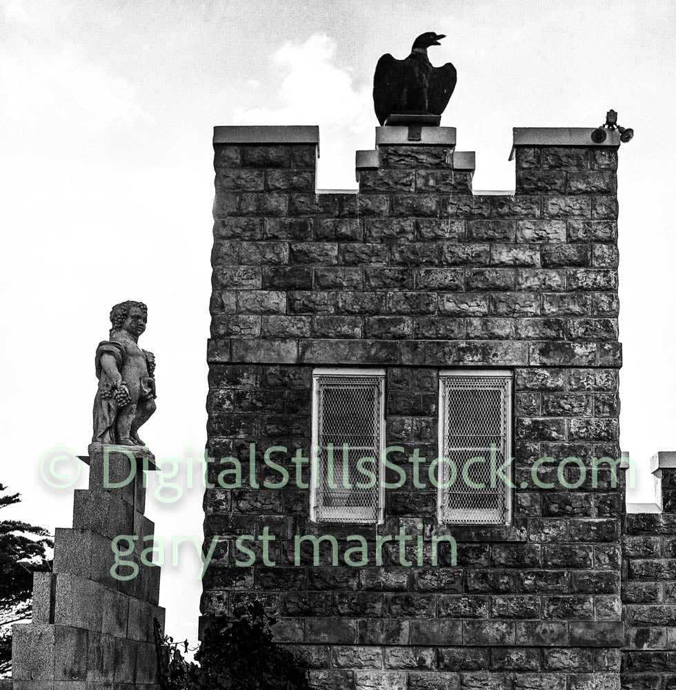 A narrow building with a Gargoyle, analog, black and white, oddities