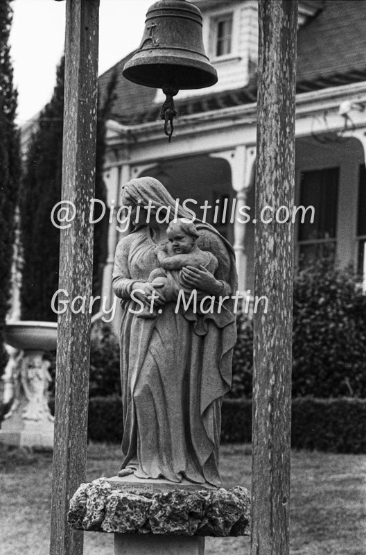 Statue in front of the church bell in the foreground, Black & White, Oddities