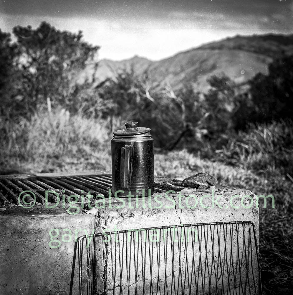 Coffee, Camping, Big Sir, CA, analog, black and white, oddities