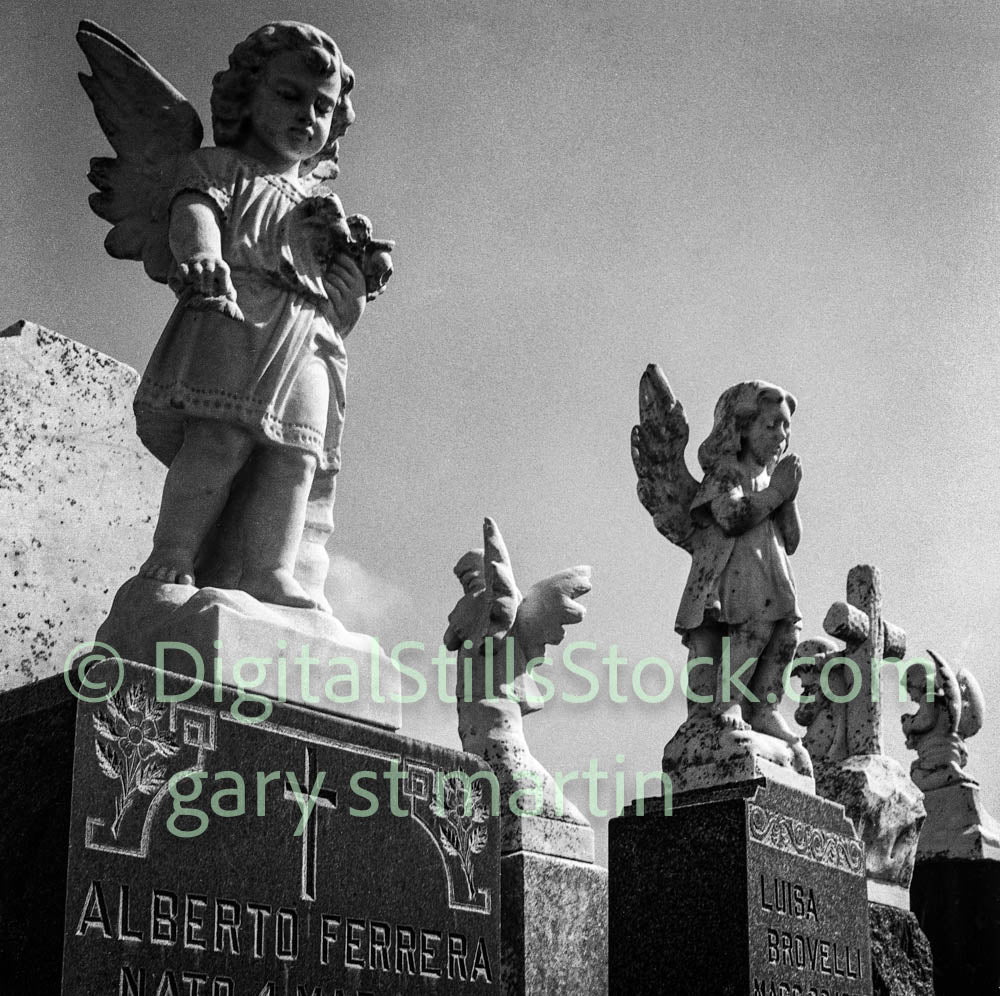 Angels lined up, Graveyard,, the Bay Area, analog, black and white, oddities