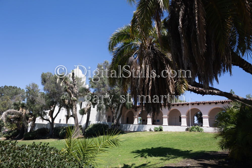 Junipero Serra Museum Arches wider view surrounded by trees and blue sky, digital, museum