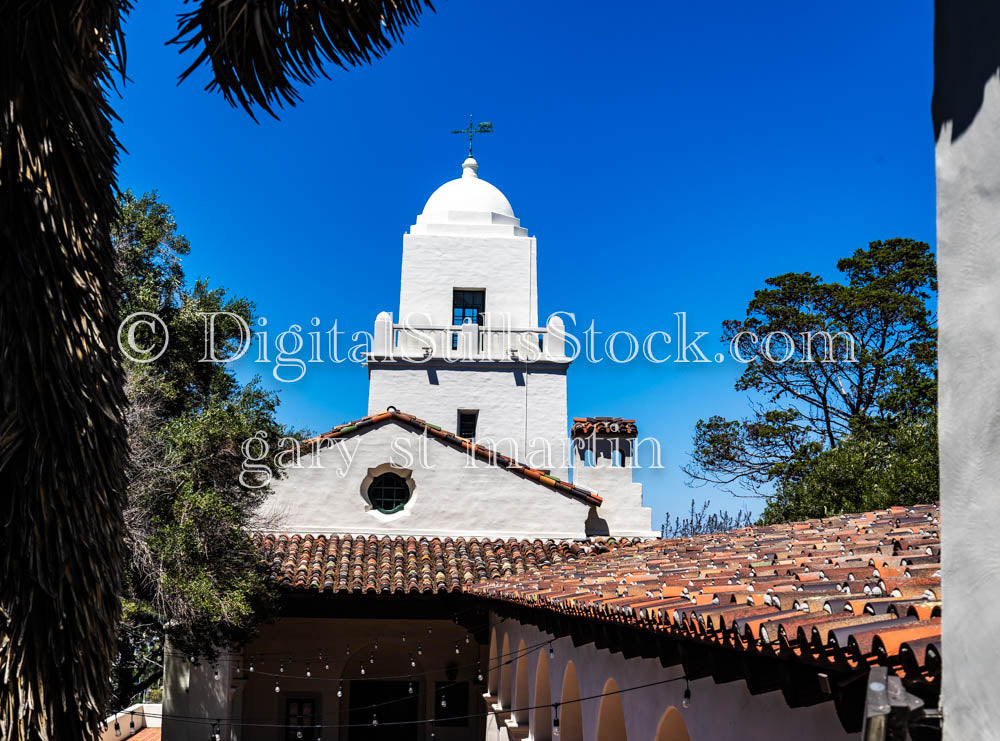 Junipero Serra Museum framed in trees, digital, museum