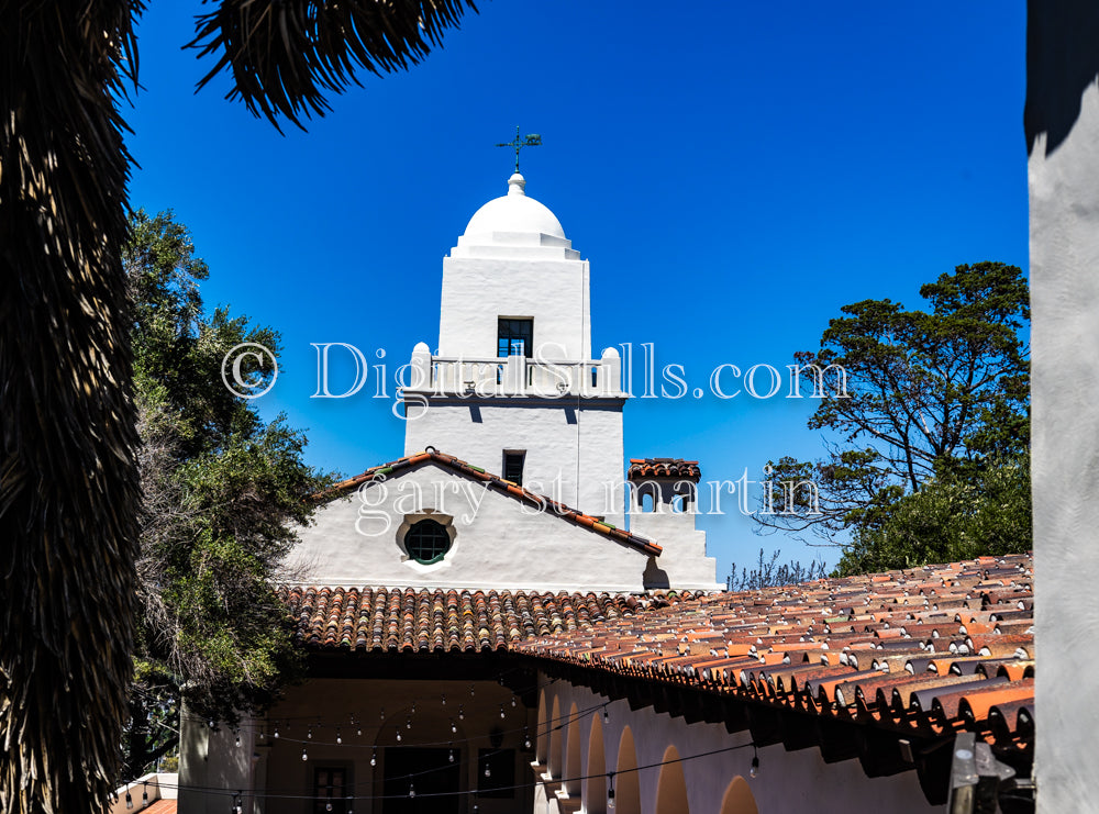 Looking at the top of the Junipero Serra Mission, digital Juniper Serra