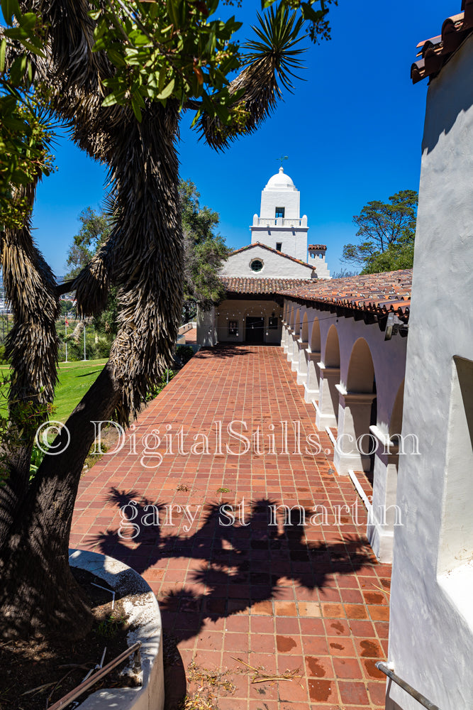 Looking down the courtyard of the Juniper Serra Museum, digital Junipero Serra
