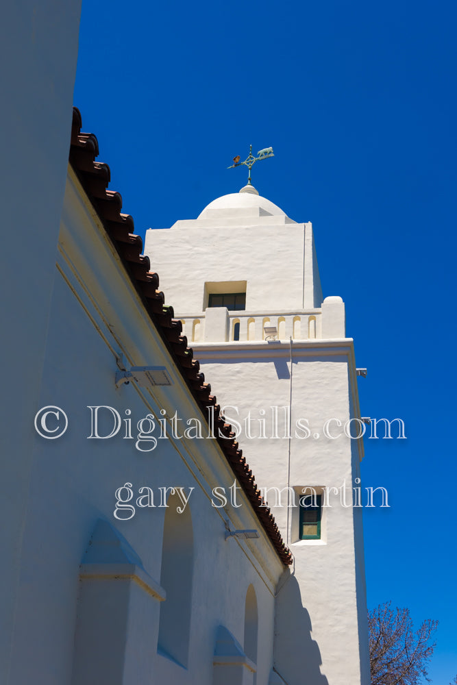 Looking up close at the side of the Junipero Serra Museum, digital Junipero Serra
