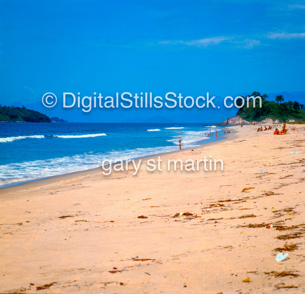 Beach scene with people and palm trees under a clear blue sky.