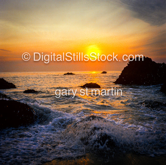 Water rushing over the rocks, analog sunset