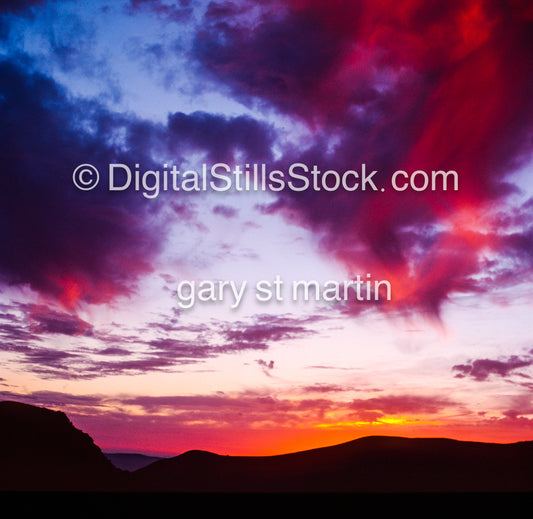Wispy clouds over Silverado Canyon, California, analog sunset