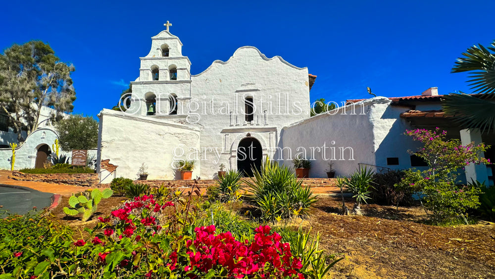 Mission De Alcalá, Full View Flowers in Front, Digital, California,  Missions