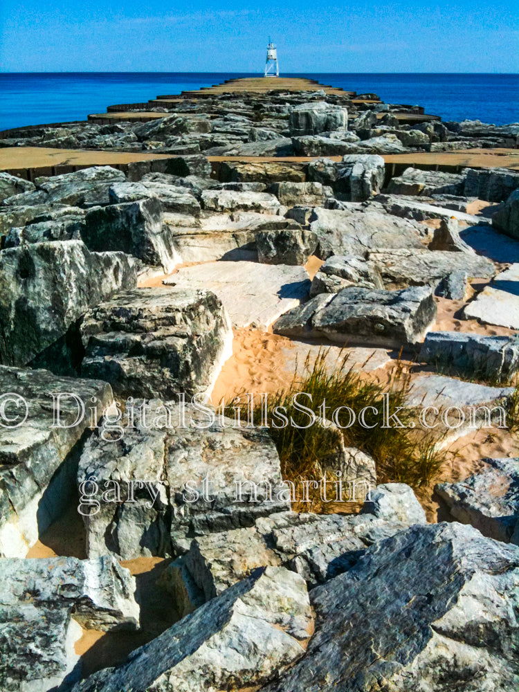 Looking down the rocks at the Harbor Light, digital Grand Marais