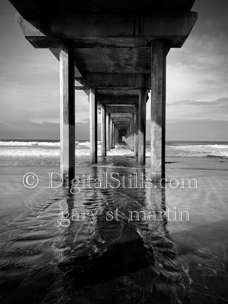 Looking underneath the La Jolla Beach Pier in Black and White, digital La Jolla pier