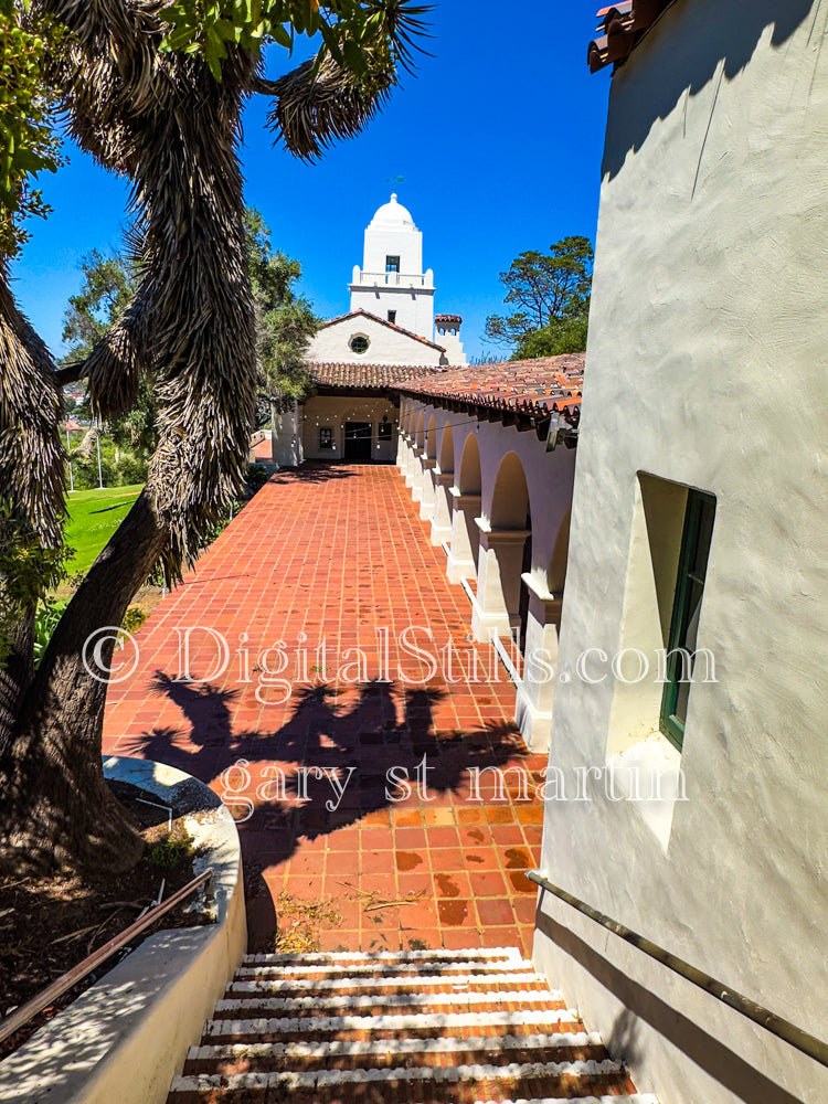 Down the steps, into the Courtyard, digital Junipero Serra
