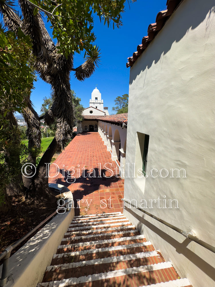 Down the steps, into the Courtyard of the Junipero Serra Museum, digital Junipero Serra