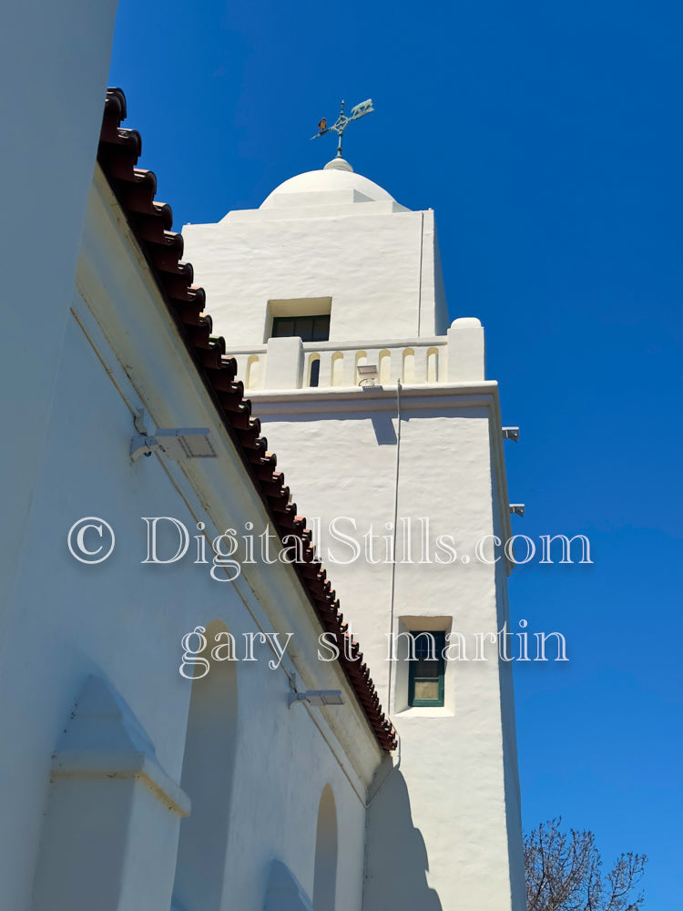 Looking up at the top of the Junipero Serra Mission, digital Junipero Serra