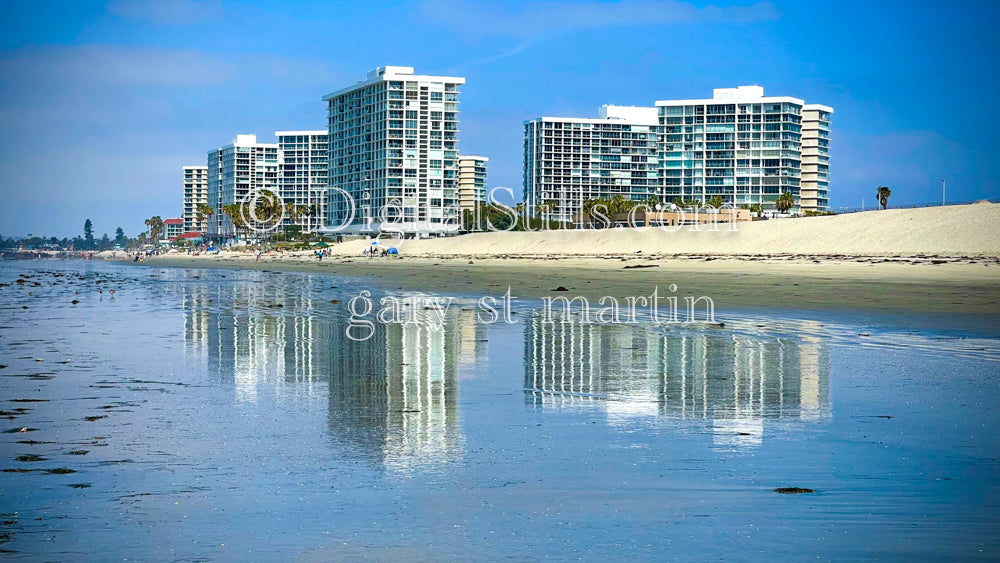 Hotels reflecting in the water, digital sunset