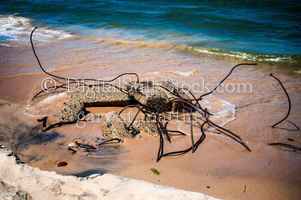 Creature of concrete and steel on the beach, digital crisp point