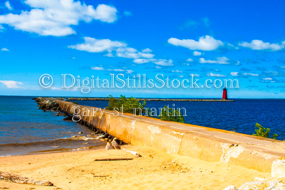 Looking along the Breakwater, digital Marinette Lighthouse