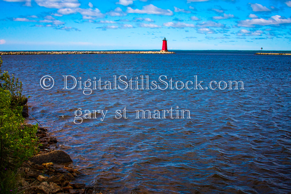 Looking at the lighthouse across the water, digital Marinette Lighthouse