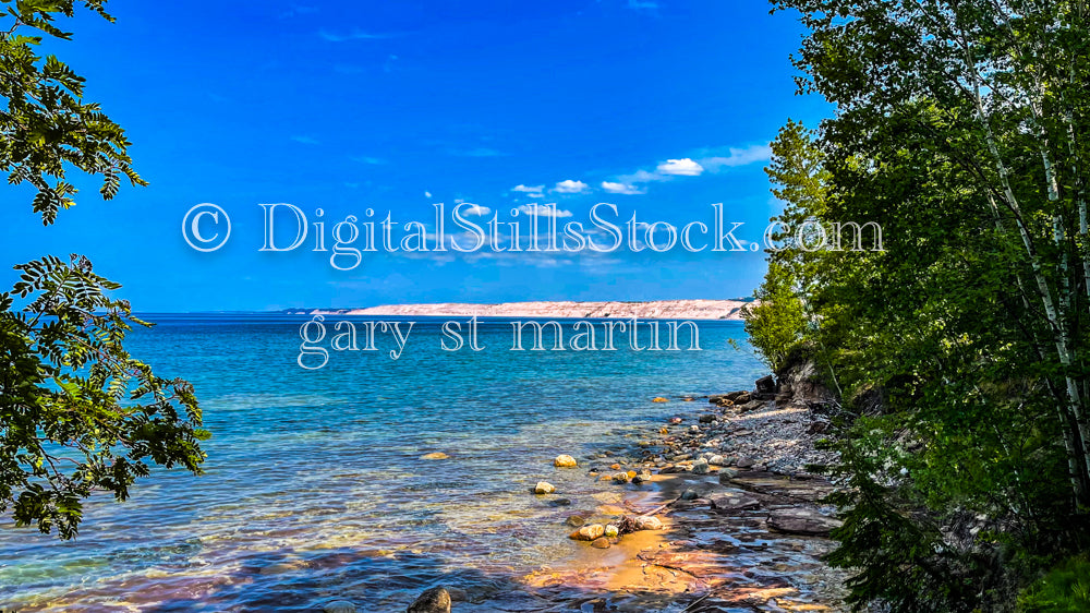 View of Lake Superior and Logslide through the trees, digital Grand Marais