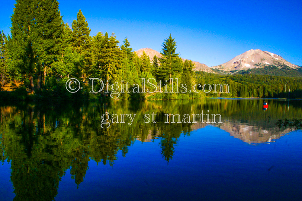Side View Of Red Boat, Reflecting Lake, Lassen Volcanic National Park, CA Digital, California, Lassen