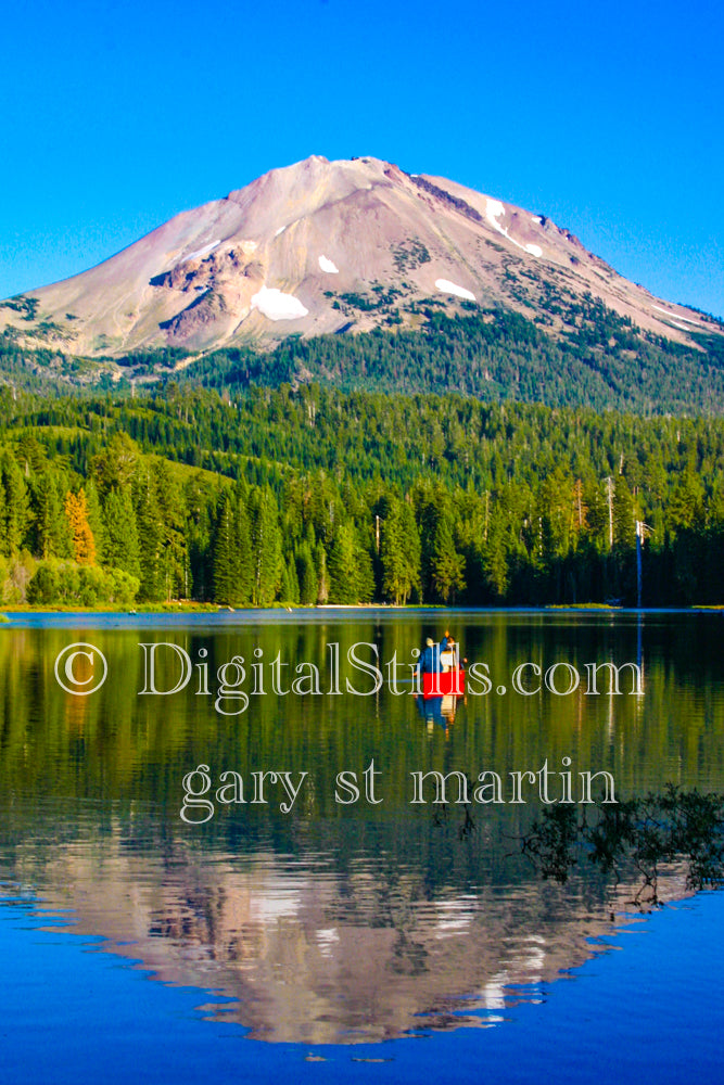 Vertical, Red Boat, Reflecting Lake, Lassen Volcanic National Park, CA Digital, California, Lassen