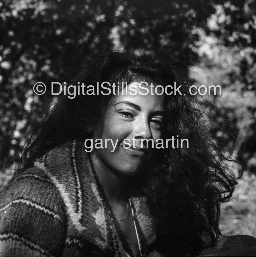 Medium View, Woman Smiling Under the Trees, analog, black & white, portrait