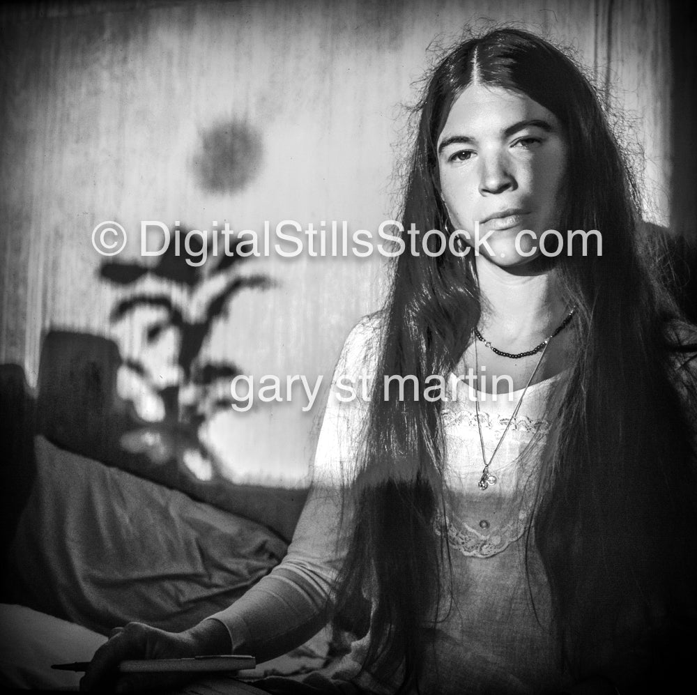 Portrait of Caroline with Flower Reflection on the Wall, analog, black& white, portrait