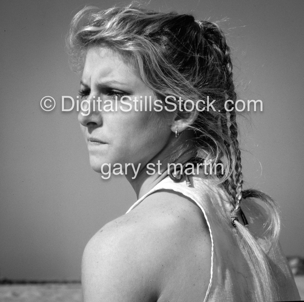 Woman Standing Nonchalantly at the Beach, analog, black & white, portrait