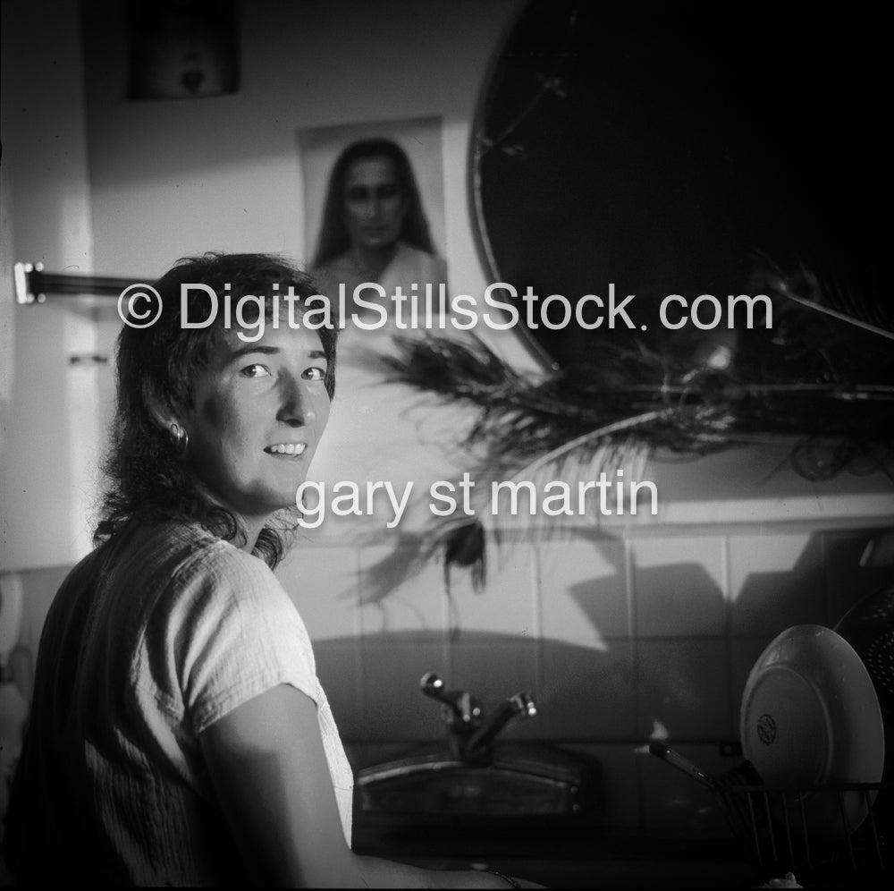 Denise looking over Smiling, analog, black & white, portrait