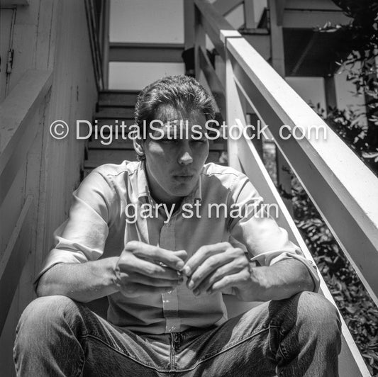 Gary Swanson On The Steps At Home, San Francisco analog, men, black and white,