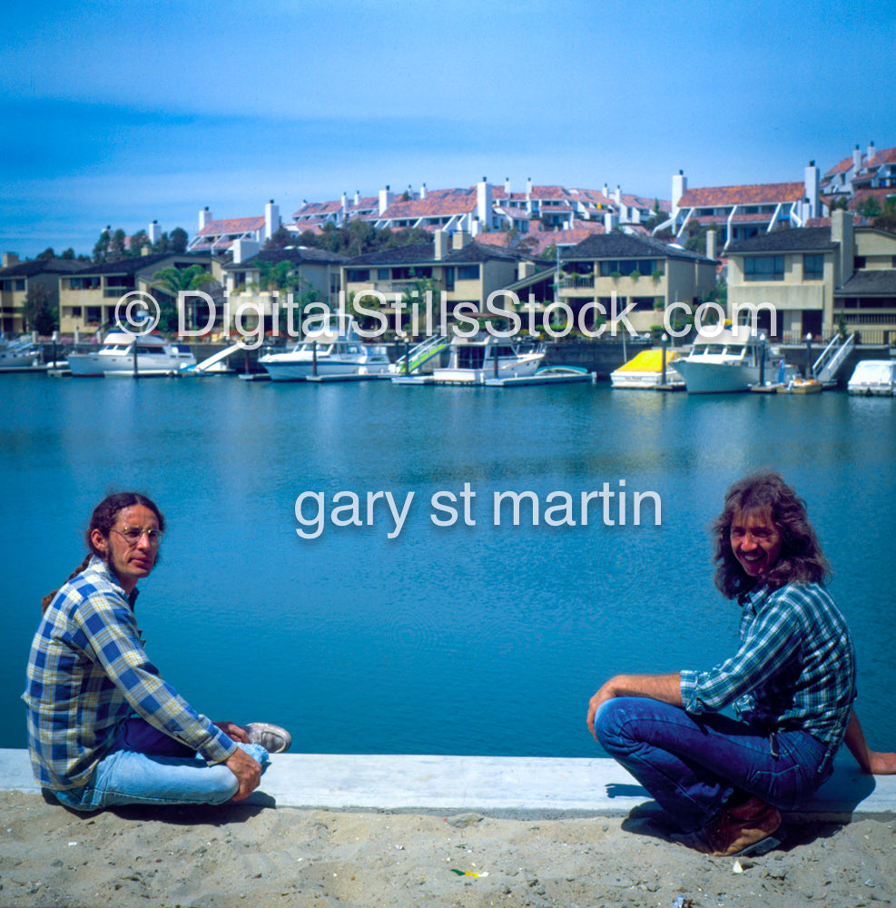Richard and Terry along  Newport Harbor, Newport Beach, CA, analog, color, portraits, men