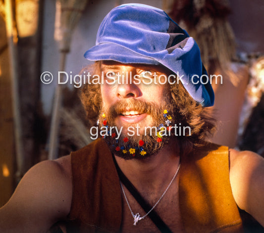 Flowers in his beard, Renaissance fair Los Angeles, analog, color, portraits, men