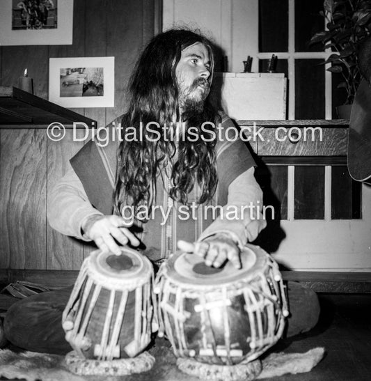 Greg Stout, Playing The Tablas Drums, analog, men, black and white,