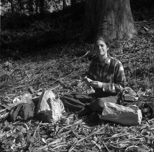 Ann, camping and Sitting, Smiling, analog, black & white, women, portraits