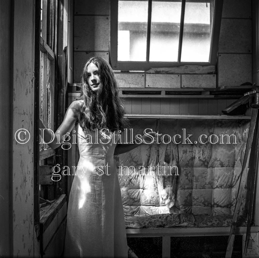 Kristy in Shack Portrait Analog, Portraits, Women, B & W