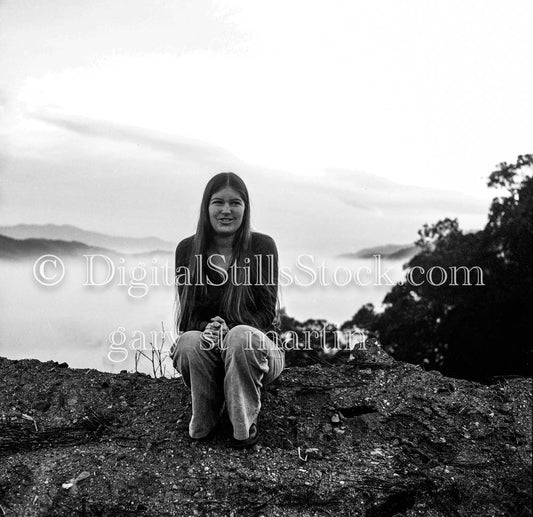 Diana sitting fog in the background, analog, black & white, portraits, women 