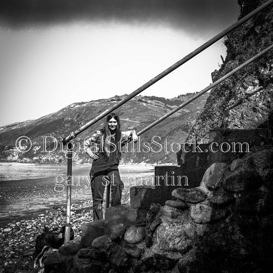 Diane Leaning on Rail Along Beach Analog, Portraits, Women, B & W
