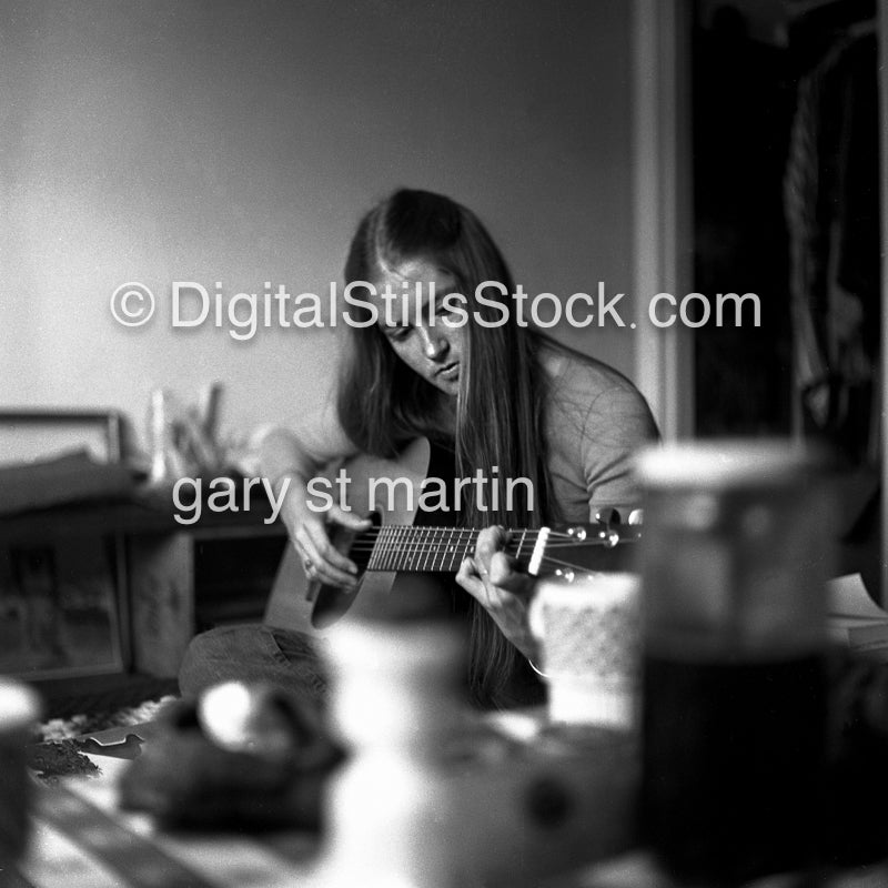 Diana Strumming The Guitar, analog, black & white, portrait