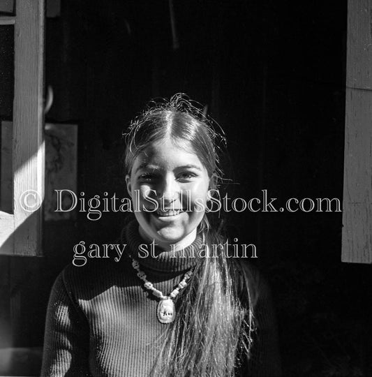 Diane Wearing Sand Dollar Necklace Smiling Analog, Portraits, Women, B & W