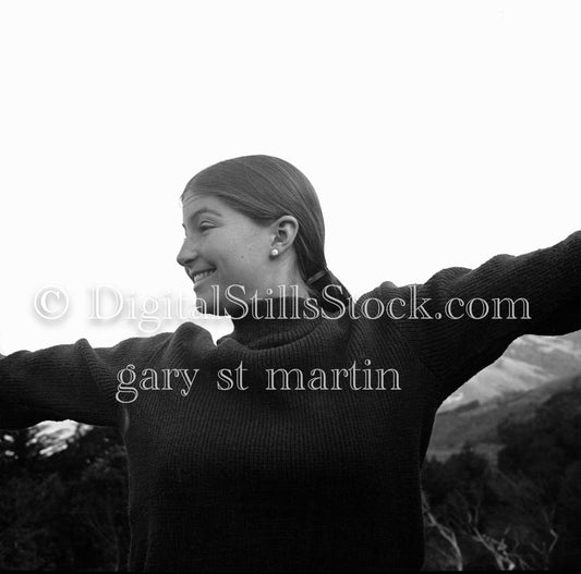 Diane Displaying a Sideways Smile with Arms Stretched Analog, Portraits, Women, B & W