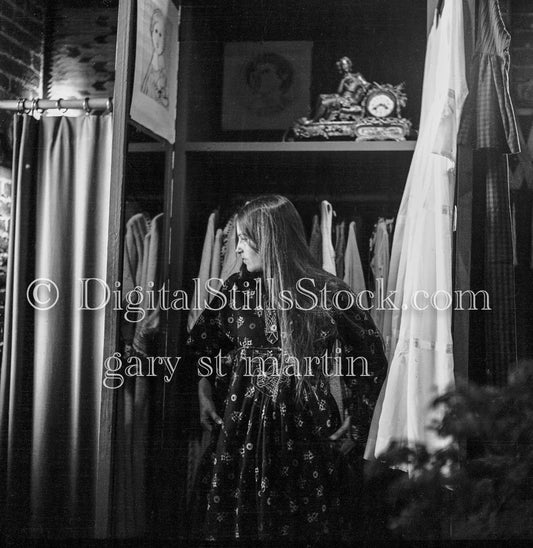 Diane Looking at Dress in Mirror Analog, Portraits, Women, B & W