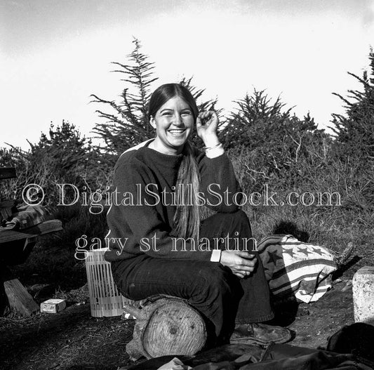 Diane Sitting at Makeshift Camp Analog, Portraits, Women, B & W