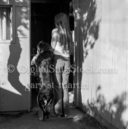 Diane in Doorway with Dog Analog, Portraits, Women, B & W