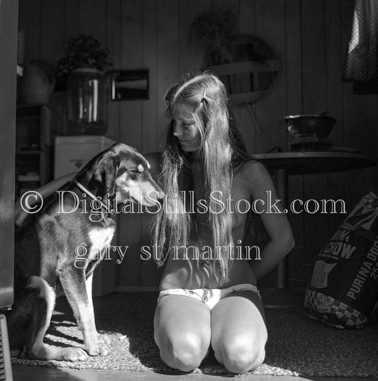 Diane Topless Petting Dog Portrait, Analog, Portraits, Women, B & W
