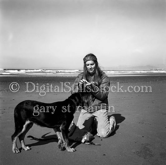 Diane Playing with Dog Along Beach Analog, Portraits, Women, B & W