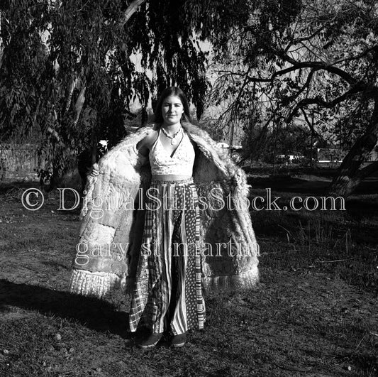 Diane Opening Fur Coat Under the Trees Analog, Portraits, Women, B & W